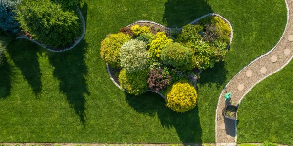 Garden Maintenance and Care Work in Process. Wheelbarrow with Grass Cuttings and a Plants Watering Can Stand on a Twisting Garden Path Next to a Large Landscape Island. Aerial View.